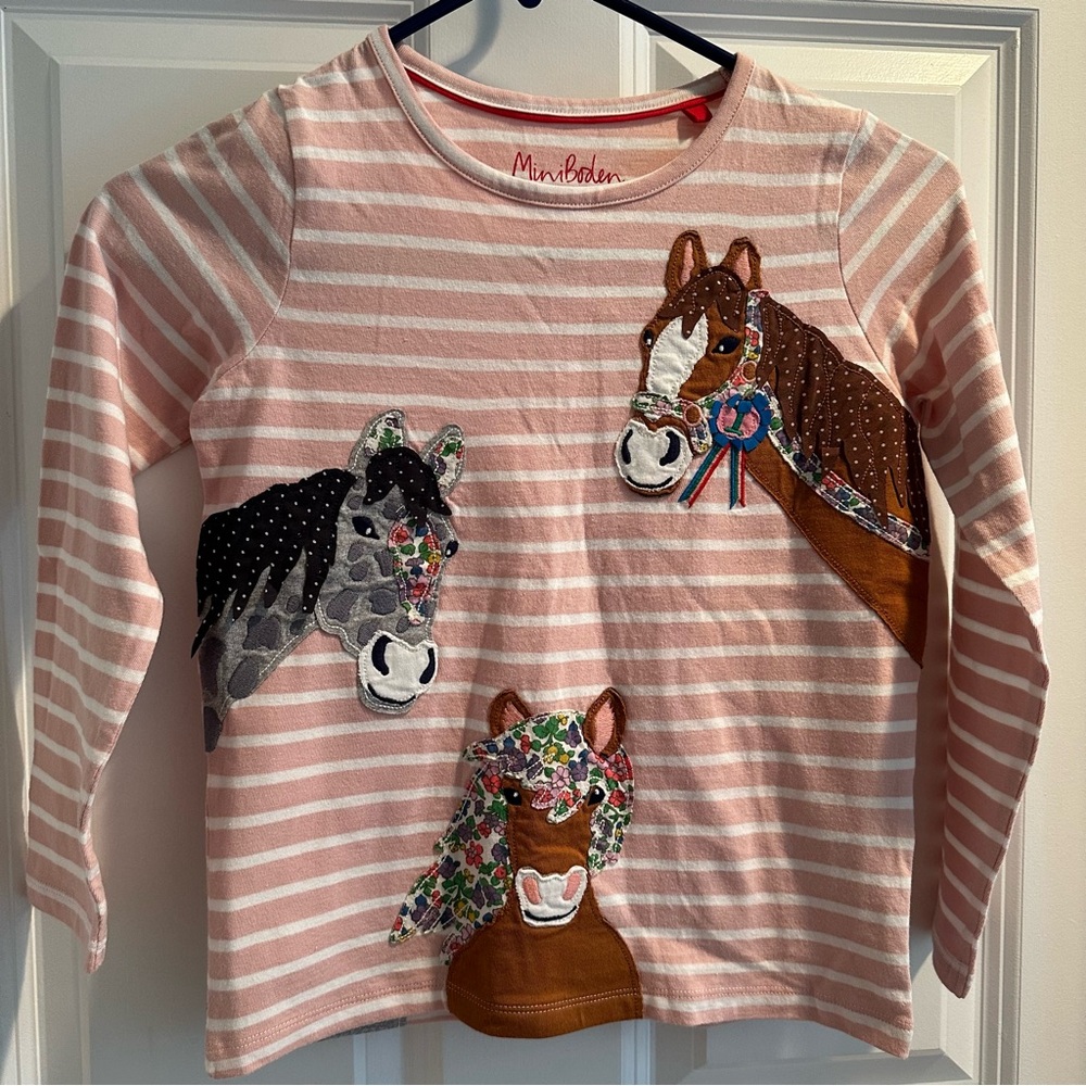 Mini Boden Horse Shirt Pink Striped Applique Girls